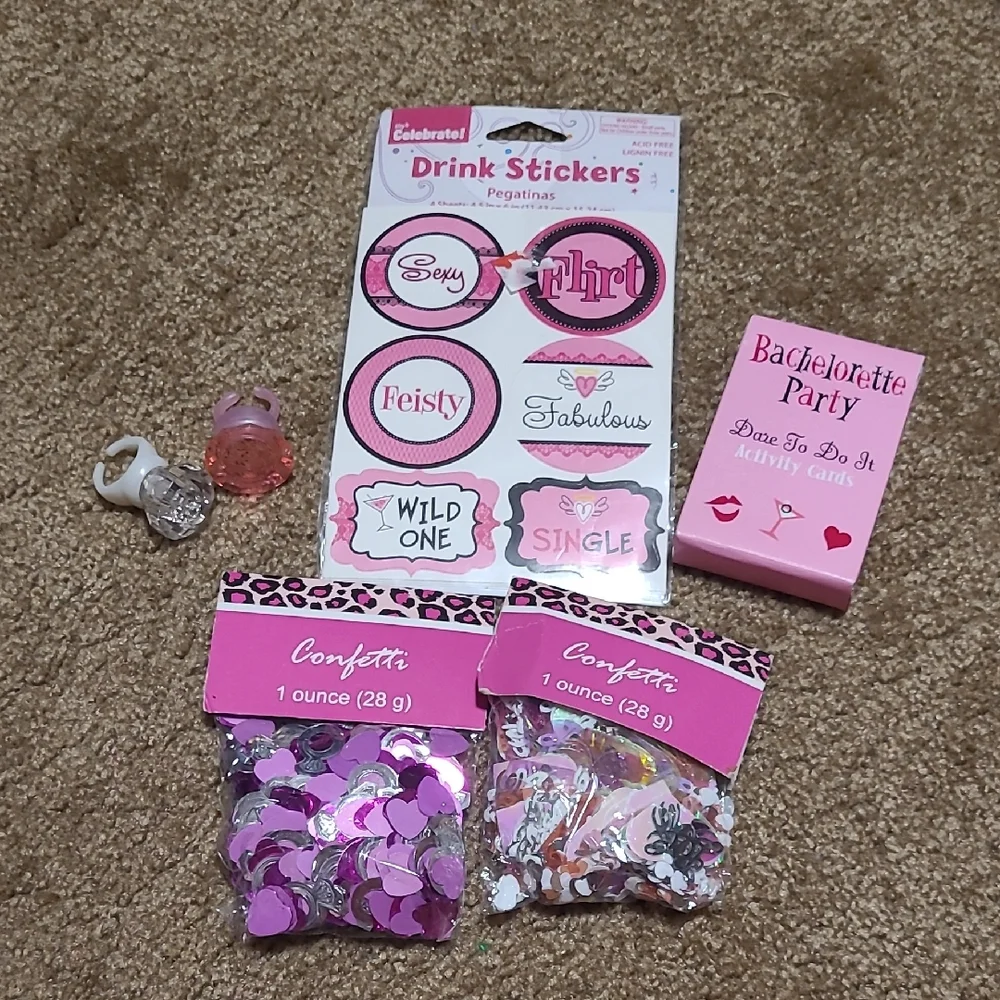 Pink Bachelorette Party Drink Stickers & Confetti Set Plus Activity Cards